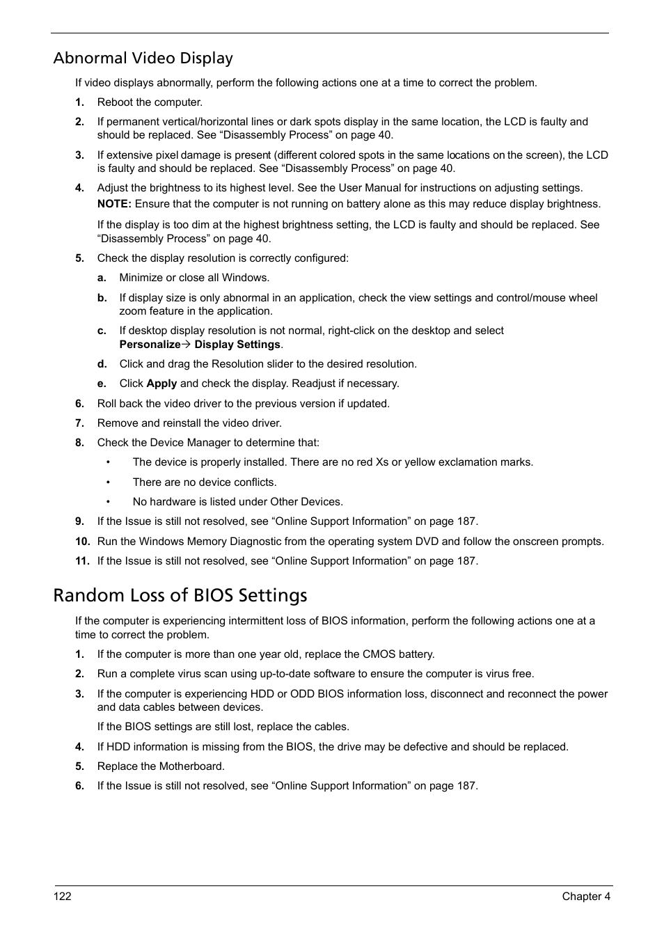 Random loss of bios settings, Abnormal video display | Acer 5241 User Manual | Page 132 / 202