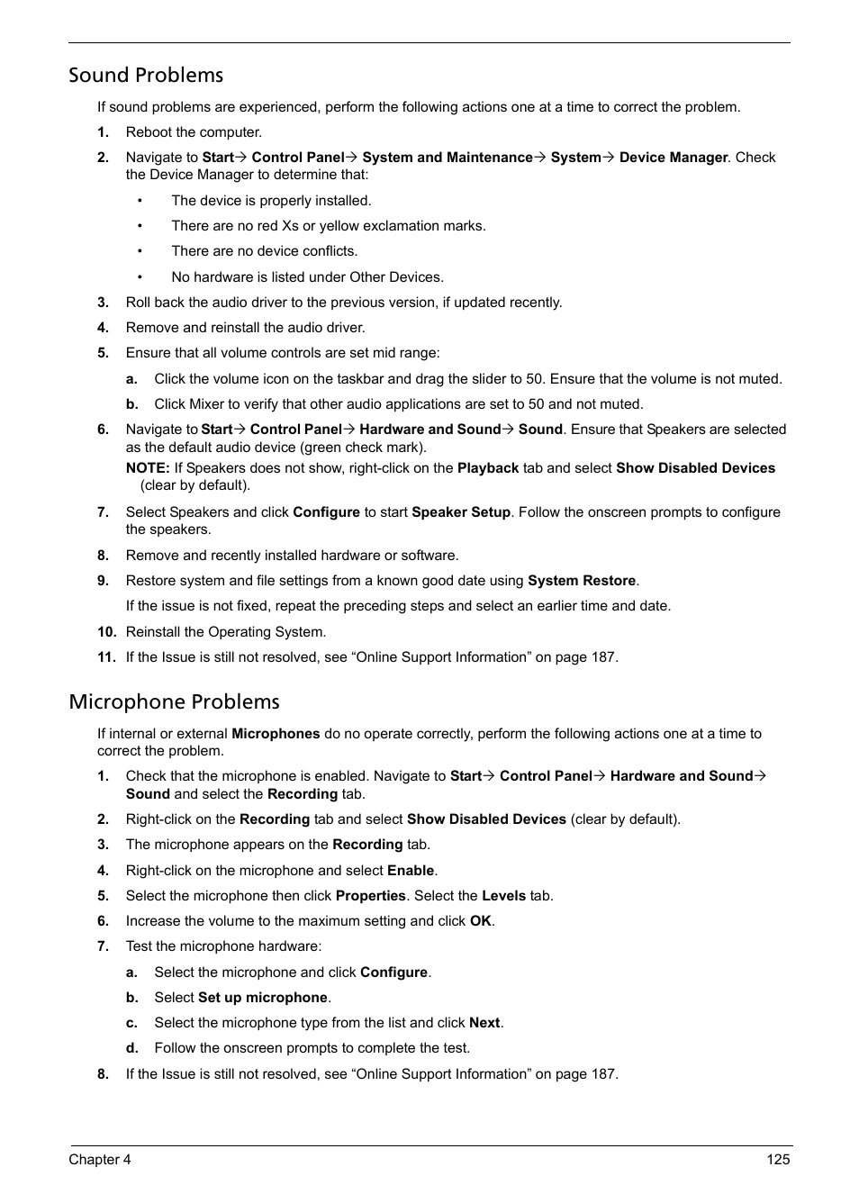 Sound problems, Microphone problems | Acer 5241 User Manual | Page 135 / 202