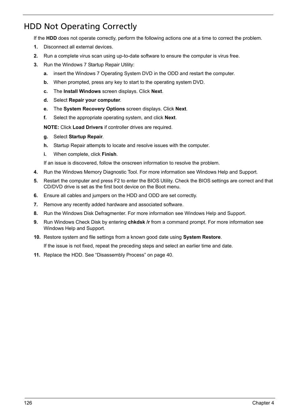 Hdd not operating correctly | Acer 5241 User Manual | Page 136 / 202