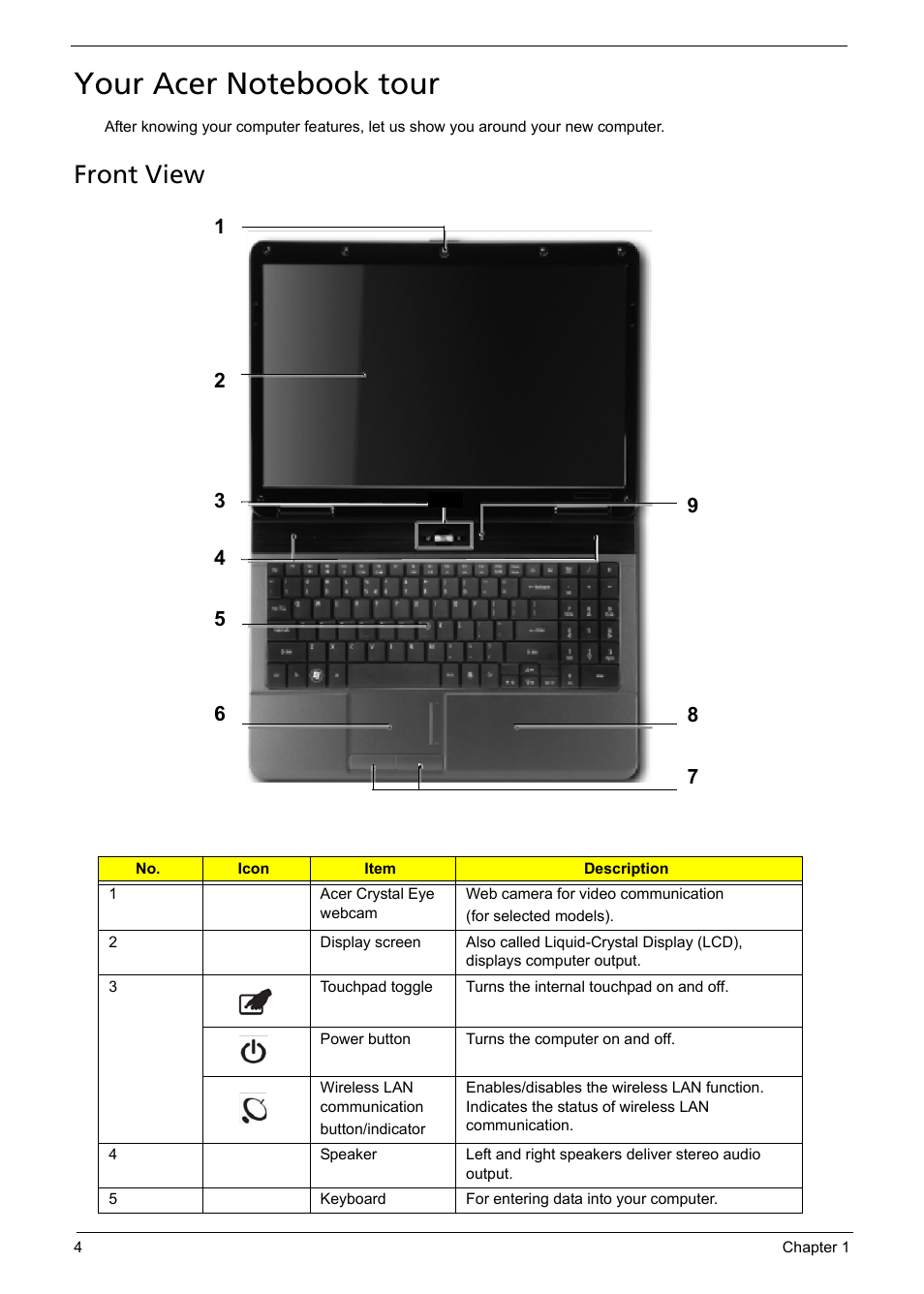 Your acer notebook tour, Front view | Acer 5241 User Manual | Page 14 / 202