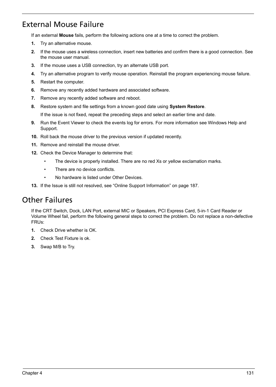 External mouse failure, Other failures | Acer 5241 User Manual | Page 141 / 202