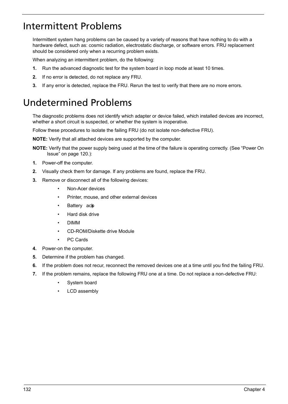 Intermittent problems, Undetermined problems | Acer 5241 User Manual | Page 142 / 202