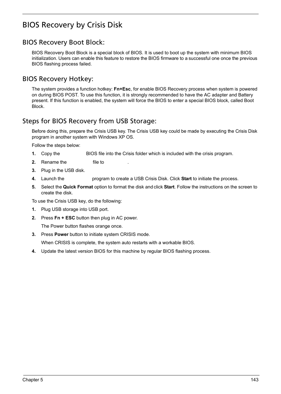 Bios recovery by crisis disk, Bios recovery boot block, Bios recovery hotkey | Steps for bios recovery from usb storage | Acer 5241 User Manual | Page 153 / 202