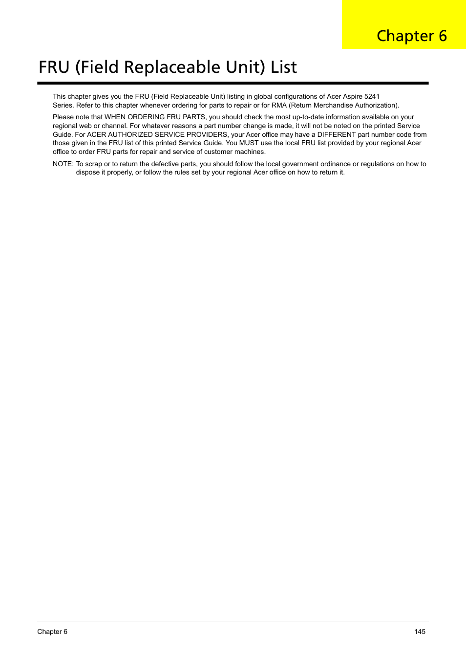Fru (field replaceable unit) list, Chapter 6 | Acer 5241 User Manual | Page 155 / 202