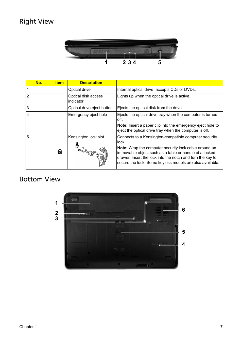 Right view, Bottom view, Right view bottom view | Acer 5241 User Manual | Page 17 / 202