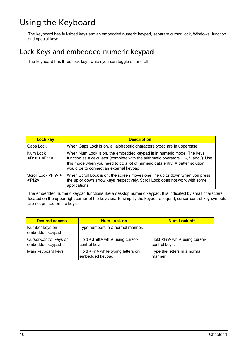 Using the keyboard, Lock keys and embedded numeric keypad | Acer 5241 User Manual | Page 20 / 202