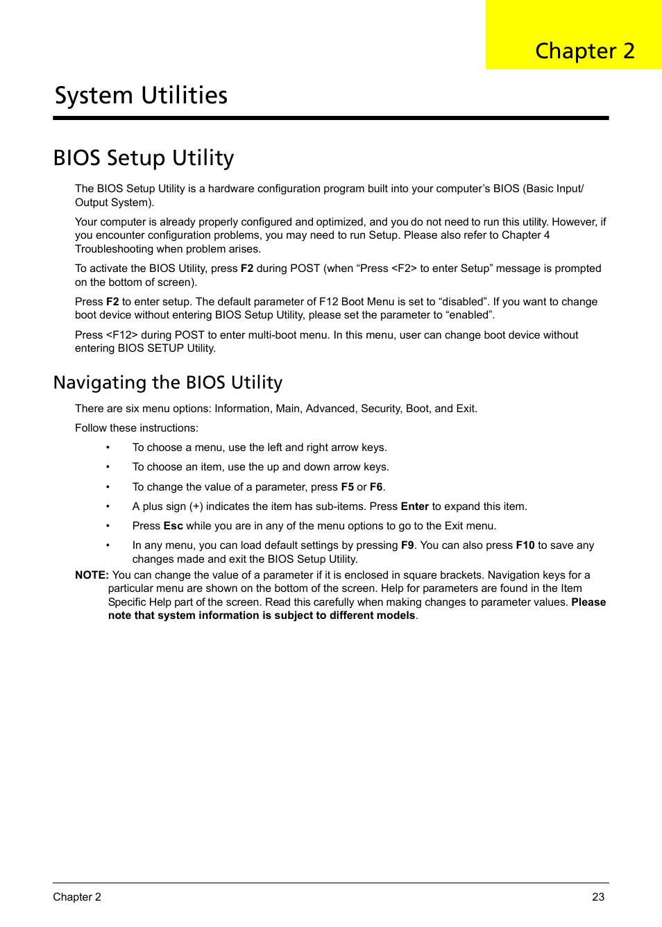 System utilities, Bios setup utility, Navigating the bios utility | Chapter 2 | Acer 5241 User Manual | Page 33 / 202