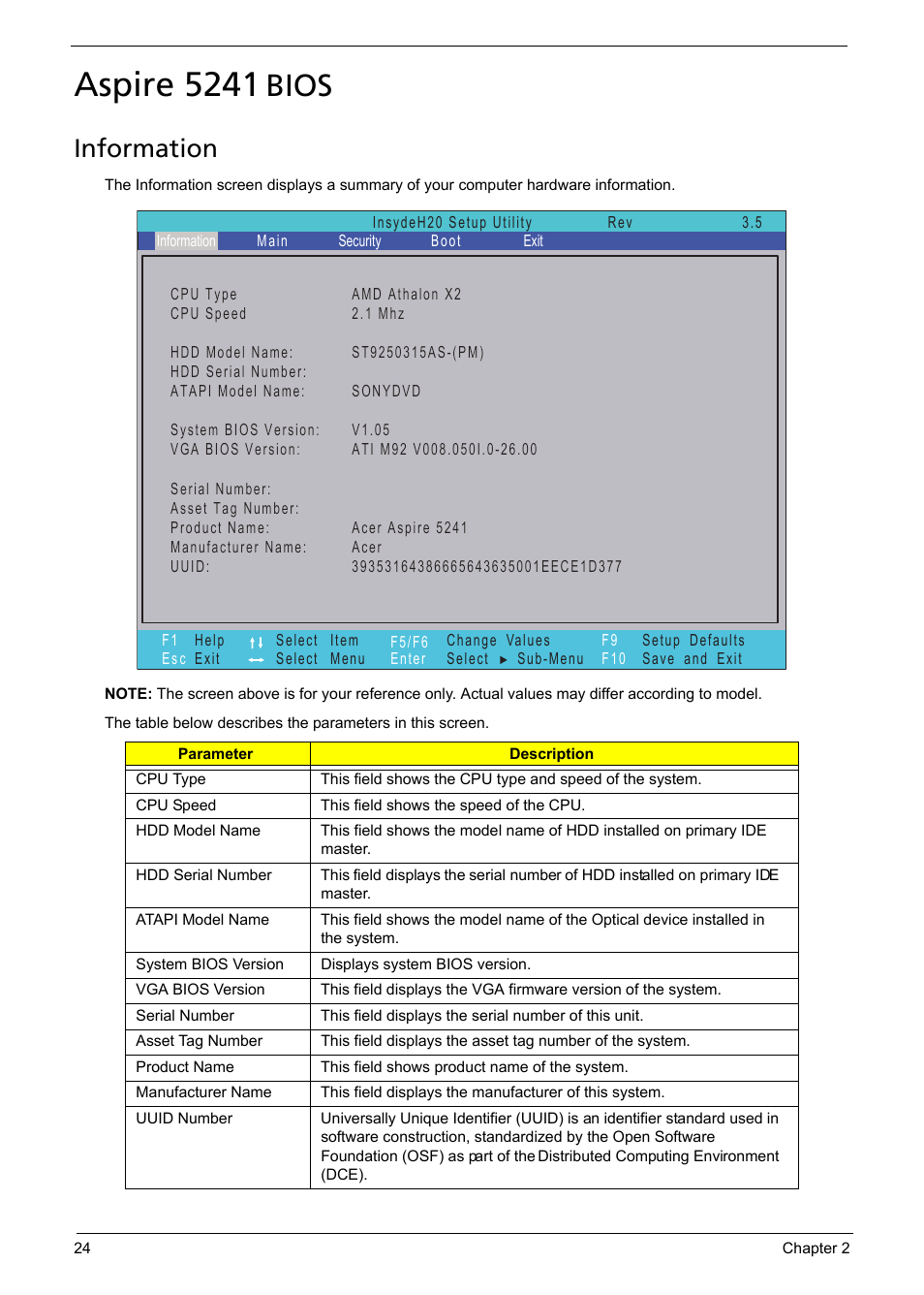 Aspire 5541g/5541/5241 bios, Information, Aspire 5241 bios | Aspire 5241, Bios | Acer 5241 User Manual | Page 34 / 202