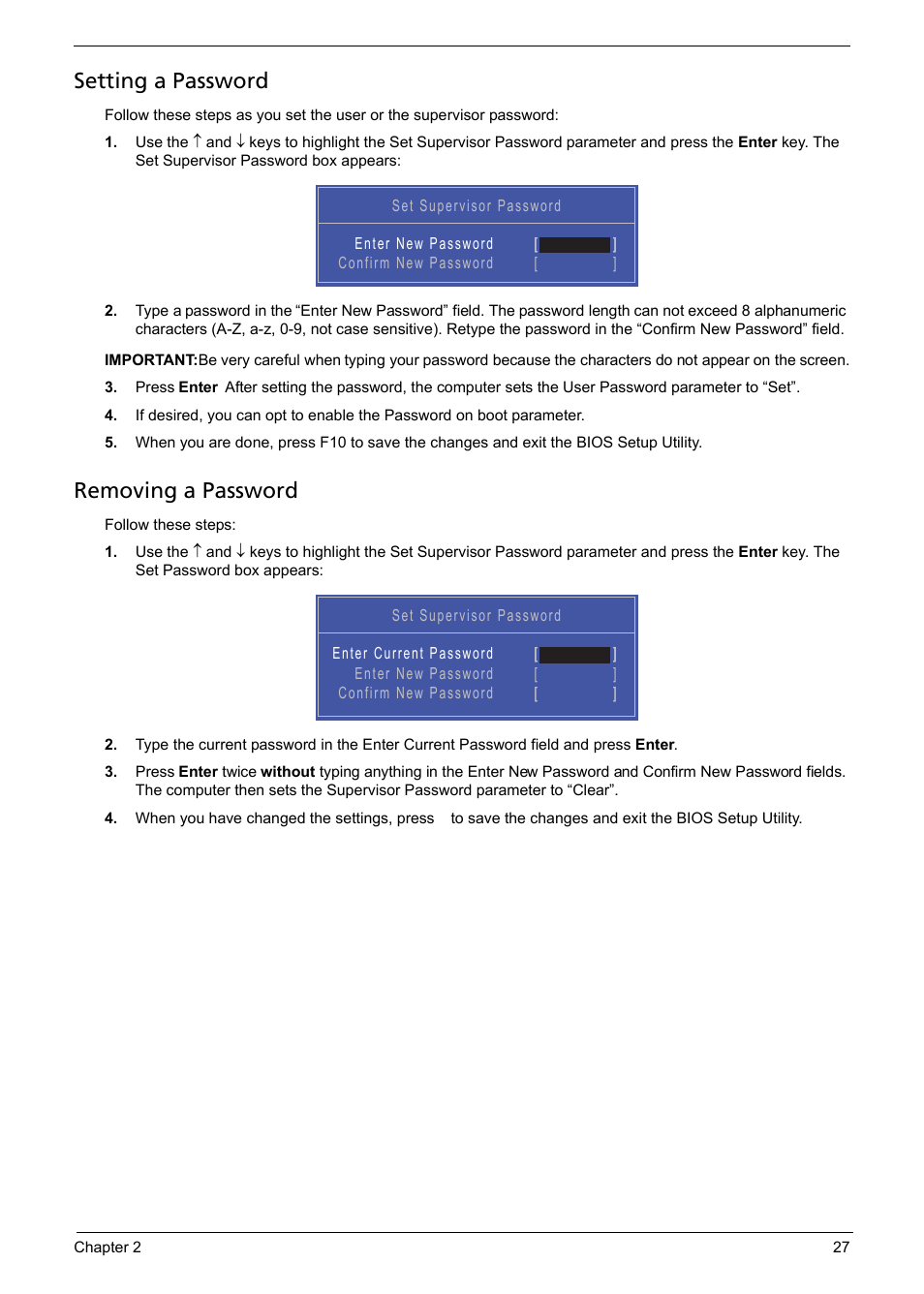 Setting a password, Removing a password | Acer 5241 User Manual | Page 37 / 202