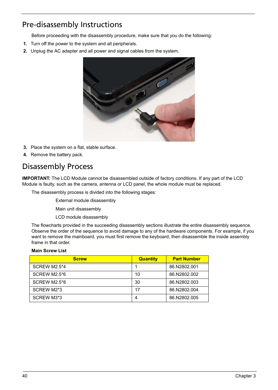 Pre-disassembly instructions, Disassembly process | Acer 5241 User Manual | Page 50 / 202