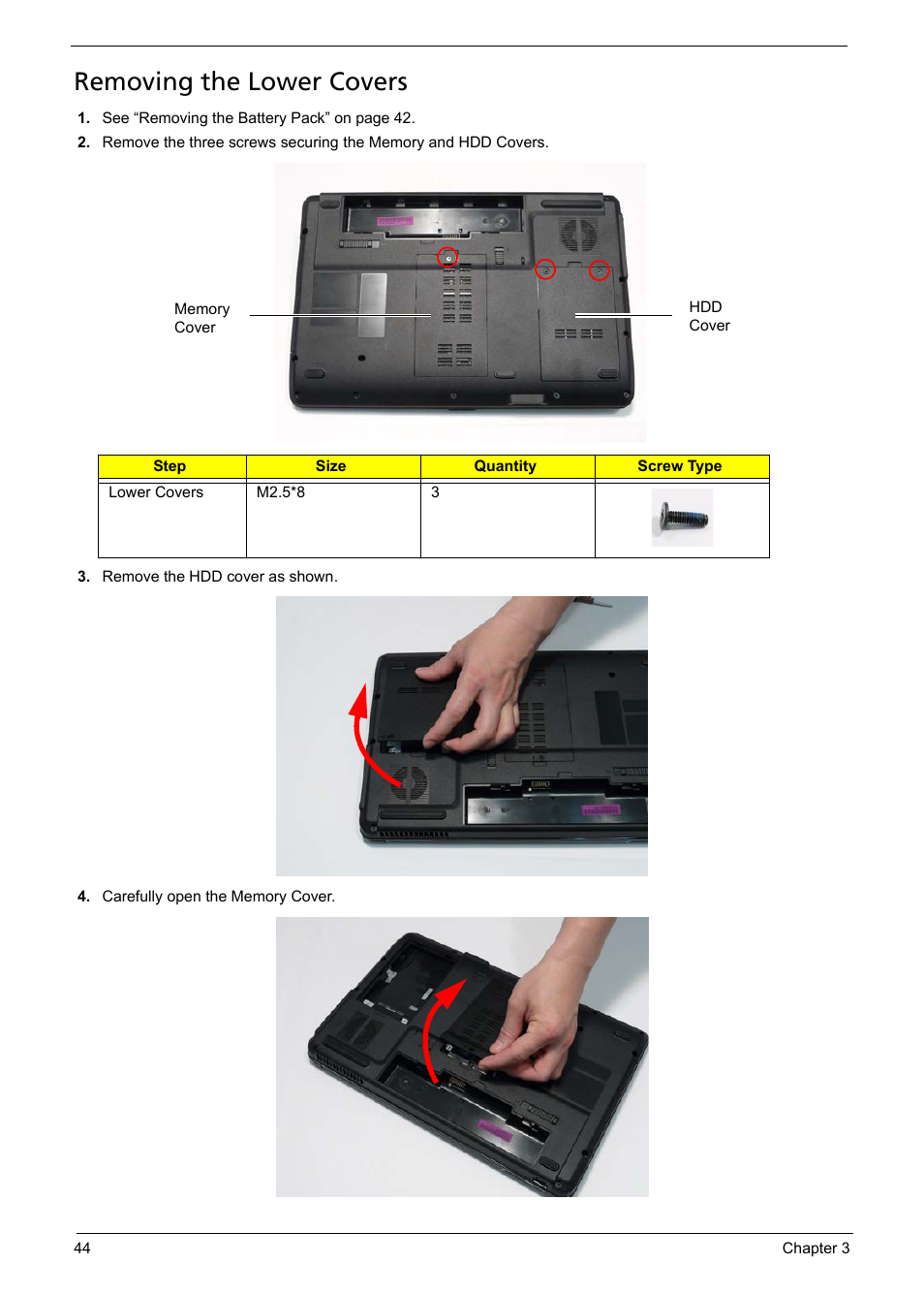 Removing the lower covers | Acer 5241 User Manual | Page 54 / 202