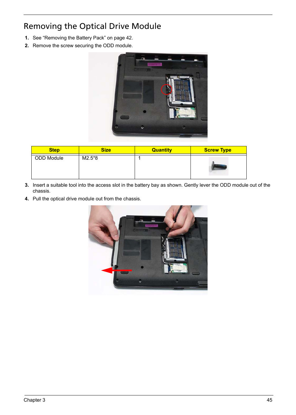 Removing the optical drive module | Acer 5241 User Manual | Page 55 / 202