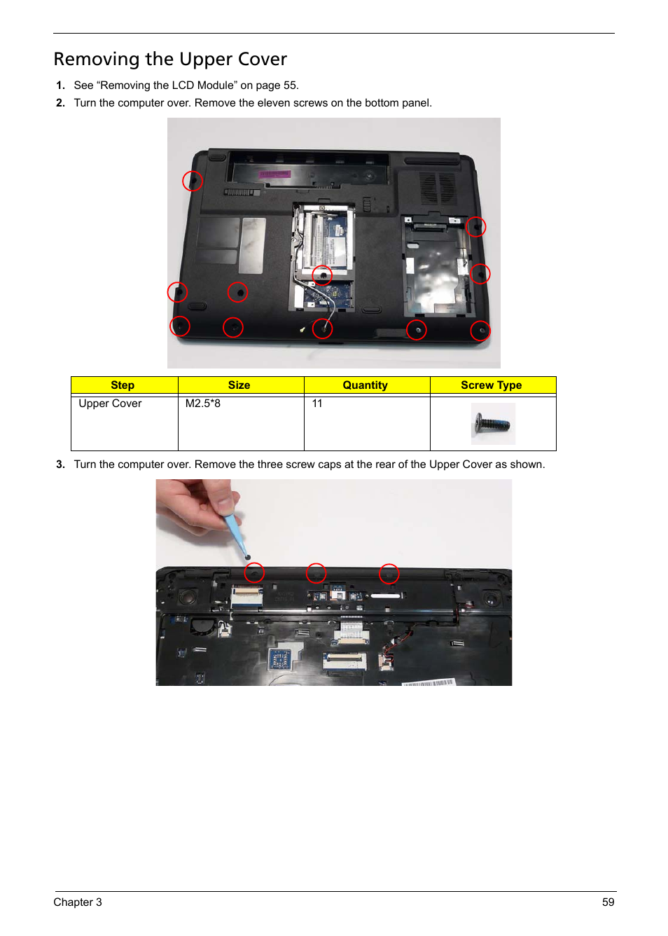 Removing the upper cover | Acer 5241 User Manual | Page 69 / 202