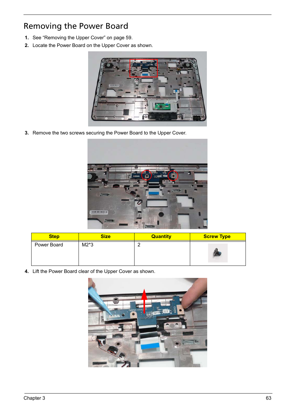 Removing the power board | Acer 5241 User Manual | Page 73 / 202