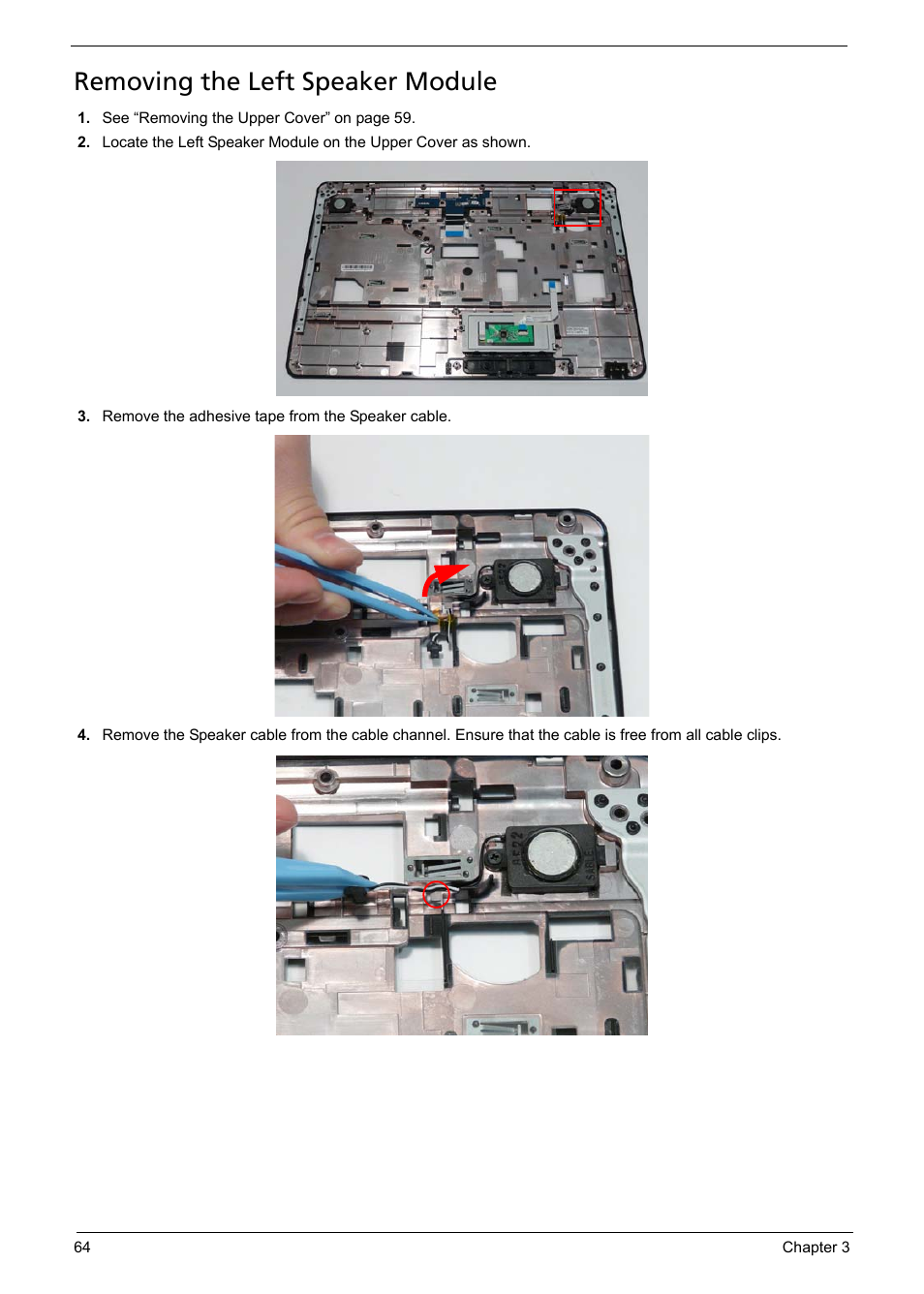 Removing the left speaker module | Acer 5241 User Manual | Page 74 / 202