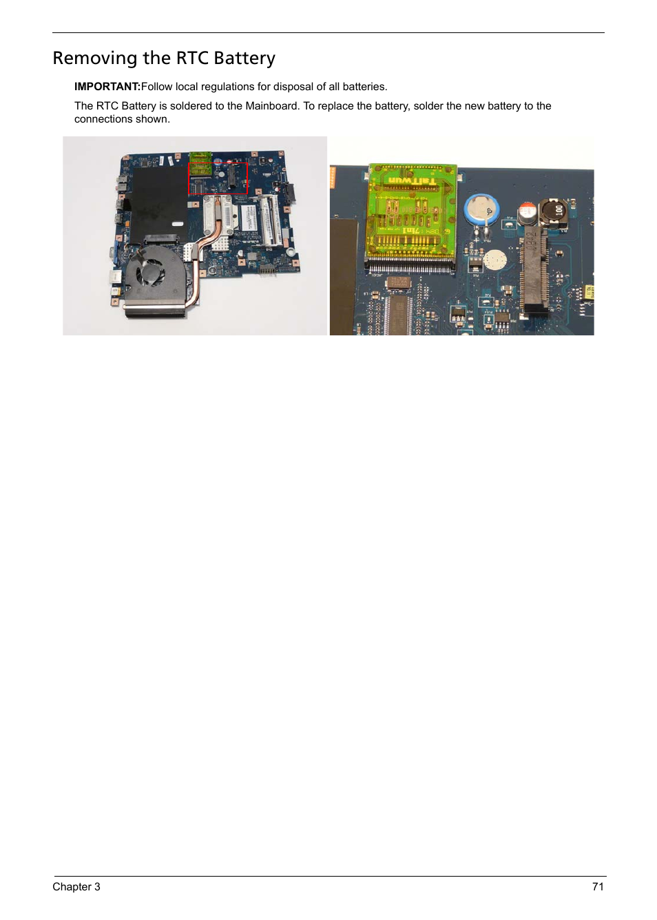 Removing the rtc battery | Acer 5241 User Manual | Page 81 / 202