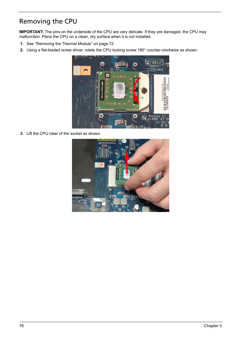 Removing the cpu | Acer 5241 User Manual | Page 86 / 202