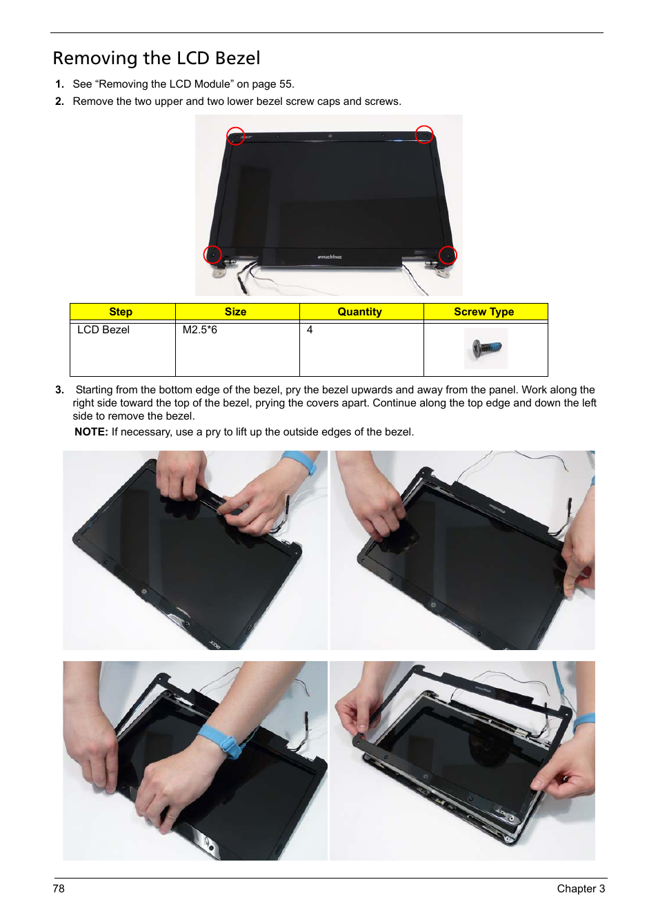 Removing the lcd bezel | Acer 5241 User Manual | Page 88 / 202