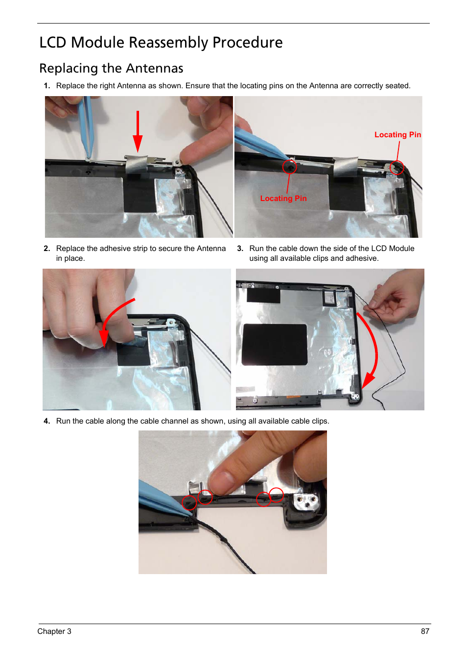 Lcd module reassembly procedure, Replacing the antennas | Acer 5241 User Manual | Page 97 / 202