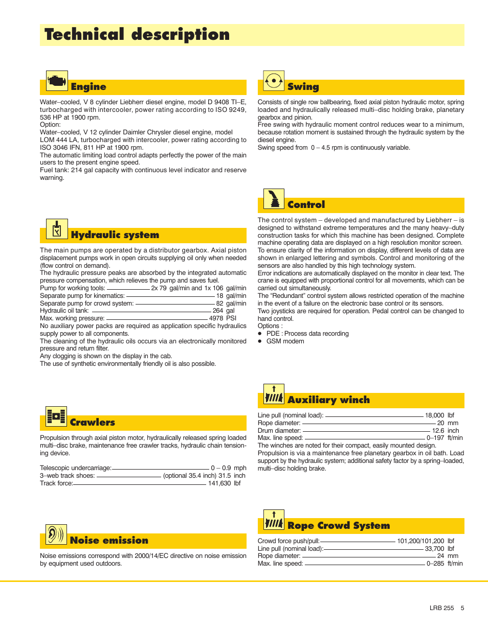 Technical description, Engine, Hydraulic system | Rope crowd system, Swing, Crawlers, Control, Noise emission, Auxiliary winch | Liebherr LRB 255 User Manual | Page 5 / 12