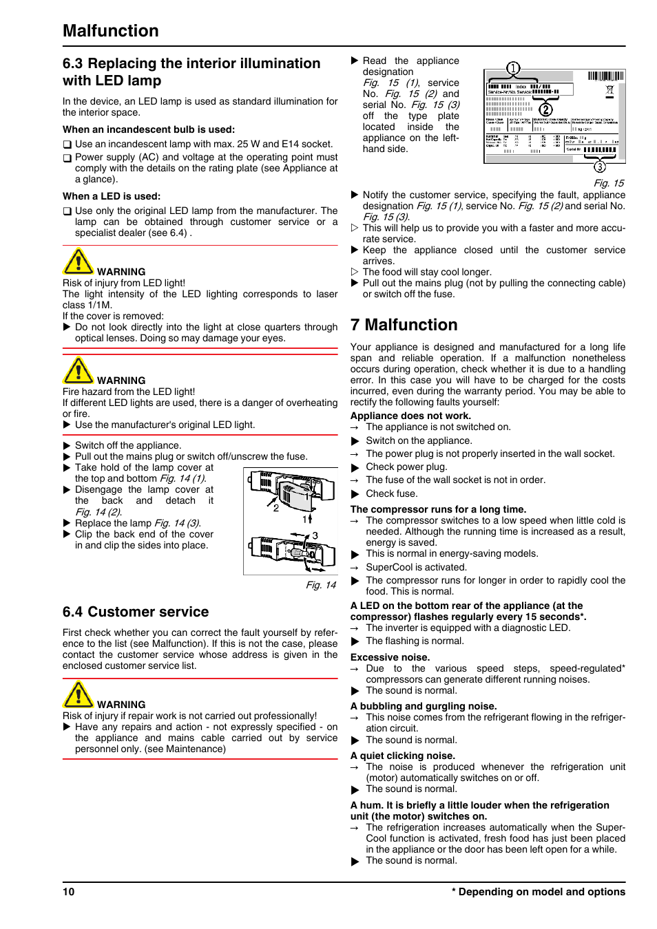 3replacing the interior illumination with led lamp, 4customer service, 7malfunction | 7 malfunction, Malfunction, 4 customer service | Liebherr KP 2620 Comfort User Manual | Page 10 / 12