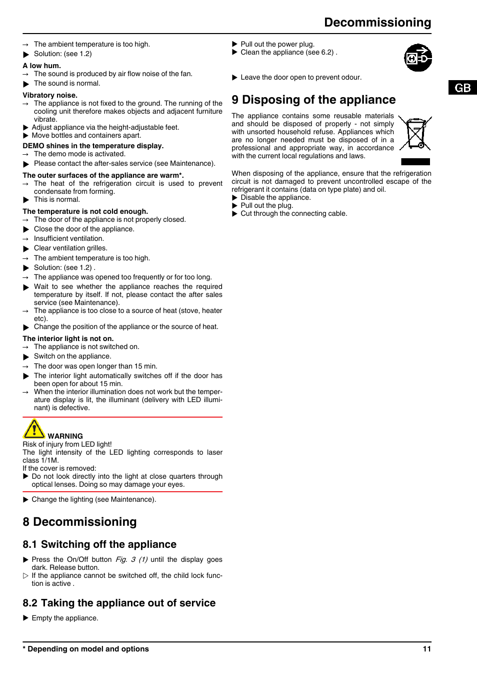 8decommissioning, 1switching off the appliance, 2taking the appliance out of service | 9disposing of the appliance, 8 decommissioning, 9 disposing of the appliance, Decommissioning, 1 switching off the appliance, 2 taking the appliance out of service | Liebherr KP 2620 Comfort User Manual | Page 11 / 12