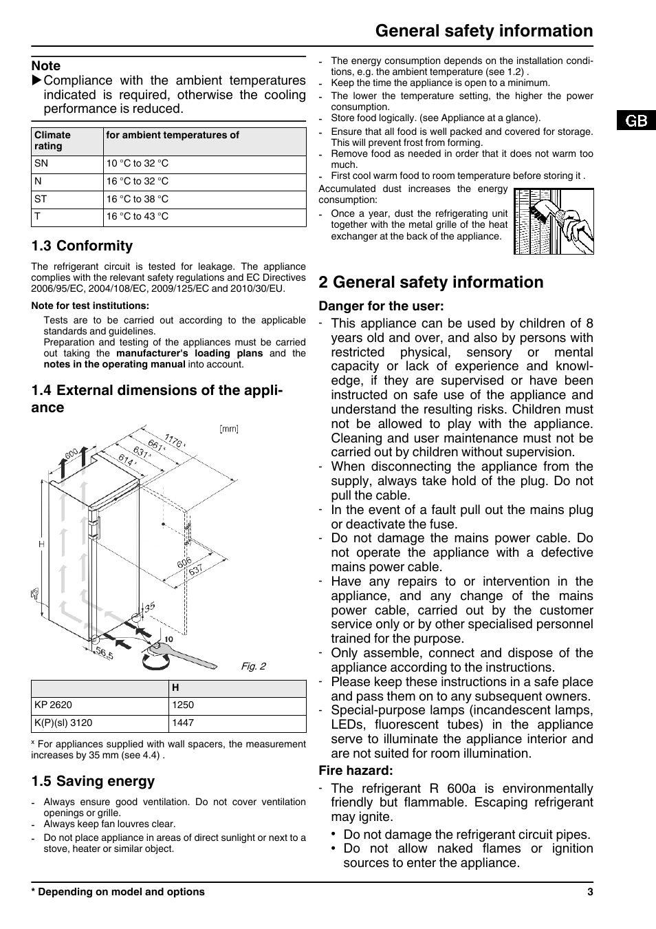3conformity, 4external dimensions of the appliance, 5saving energy | 2general safety information, 2 general safety information, General safety information, 3 conformity, 4 external dimensions of the appli- ance, 5 saving energy | Liebherr KP 2620 Comfort User Manual | Page 3 / 12