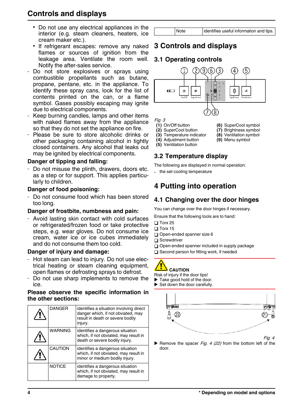 3controls and displays, 1operating controls, 2temperature display | 4putting into operation, 1changing over the door hinges, 3 controls and displays, 4 putting into operation, Controls and displays, 1 operating controls, 2 temperature display | Liebherr KP 2620 Comfort User Manual | Page 4 / 12
