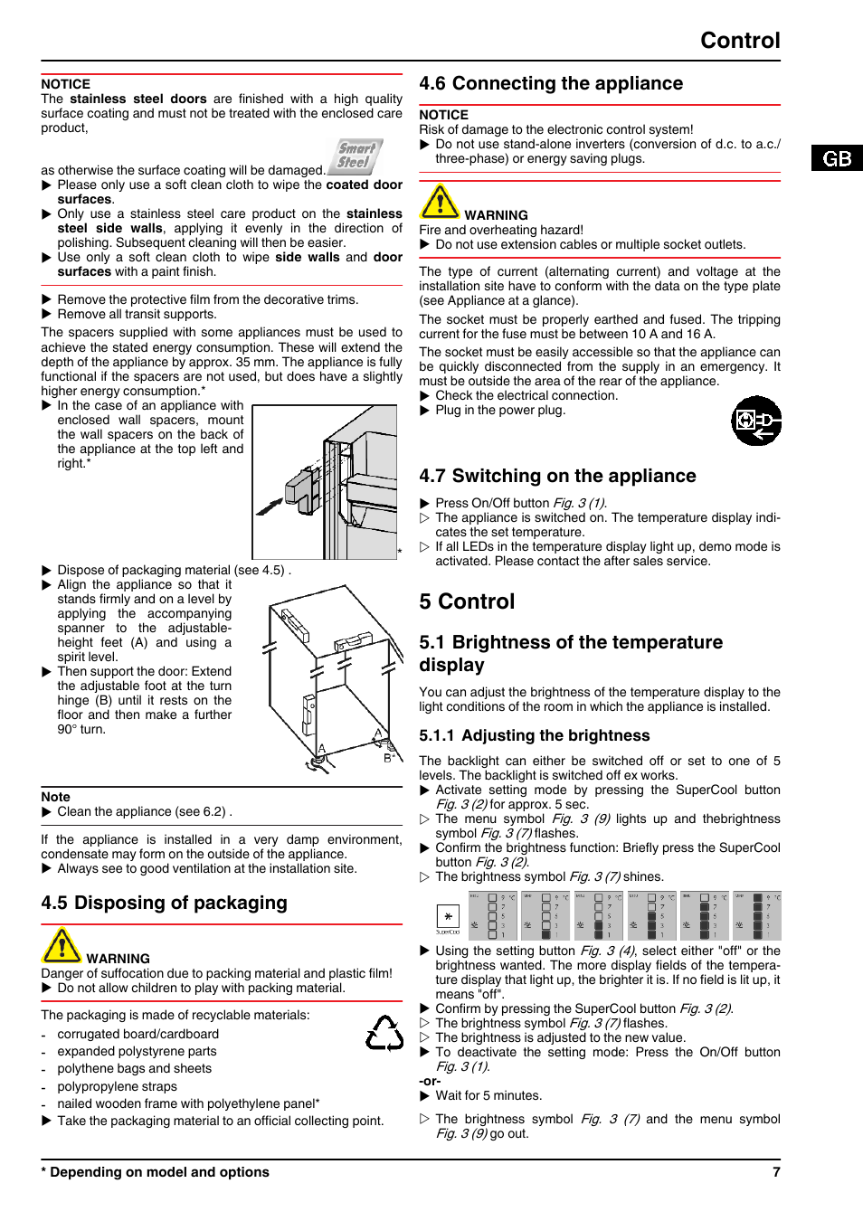 5disposing of packaging, 6connecting the appliance, 7switching on the appliance | 5control, 1brightness of the temperature display, 1adjusting the brightness, 5 control, Control, 5 disposing of packaging, 6 connecting the appliance | Liebherr KP 2620 Comfort User Manual | Page 7 / 12