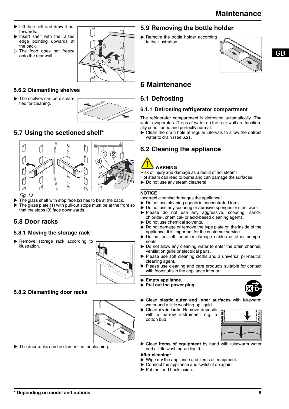 2dismantling shelves, 7using the sectioned shelf, 8door racks | 1moving the storage rack, 2dismantling door racks, 9removing the bottle holder, 6maintenance, 1defrosting, 1defrosting refrigerator compartment, 2cleaning the appliance | Liebherr KP 2620 Comfort User Manual | Page 9 / 12