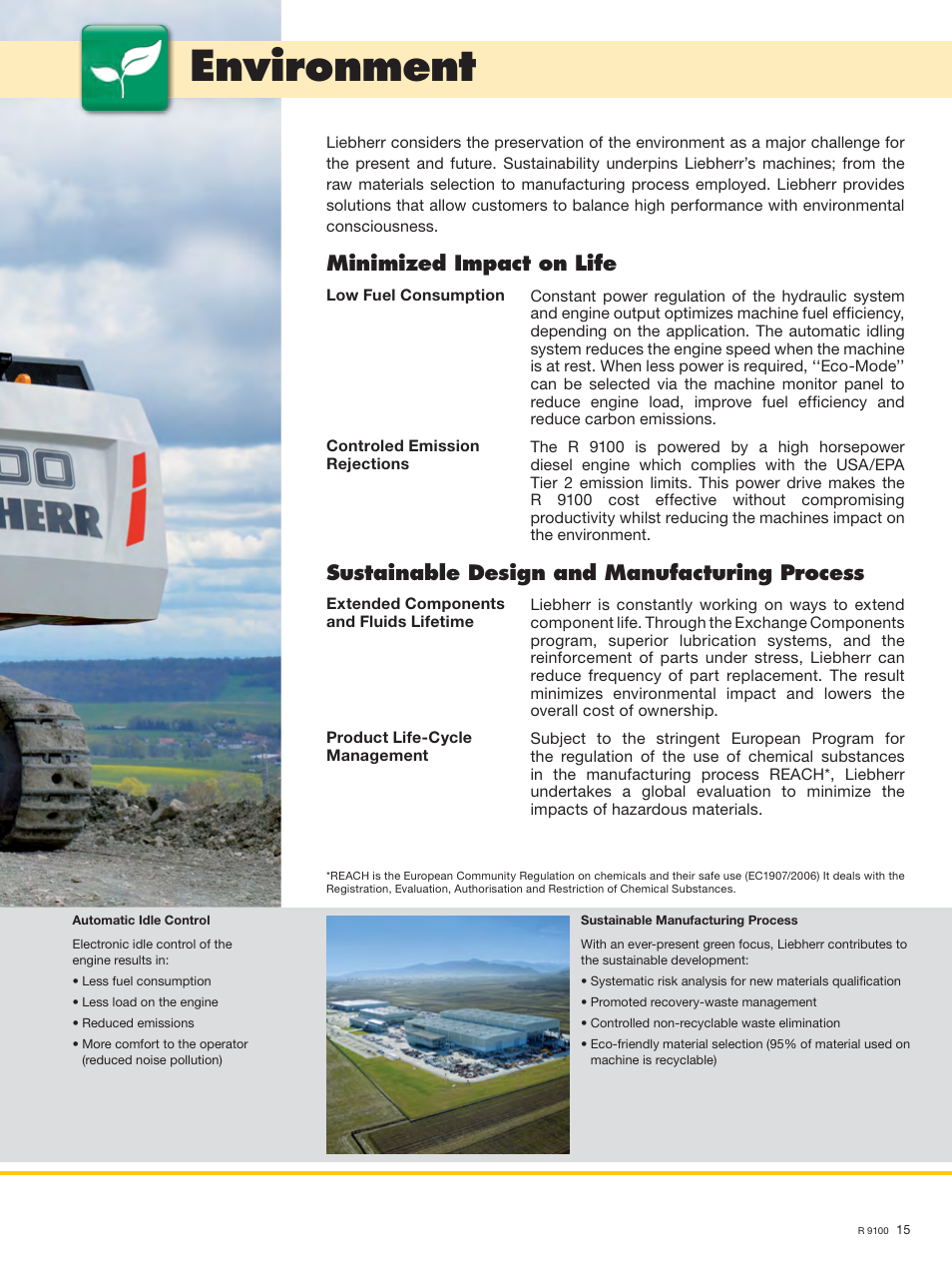 Environment, Minimized impact on life, Sustainable design and manufacturing process | Liebherr R 9100 User Manual | Page 15 / 22