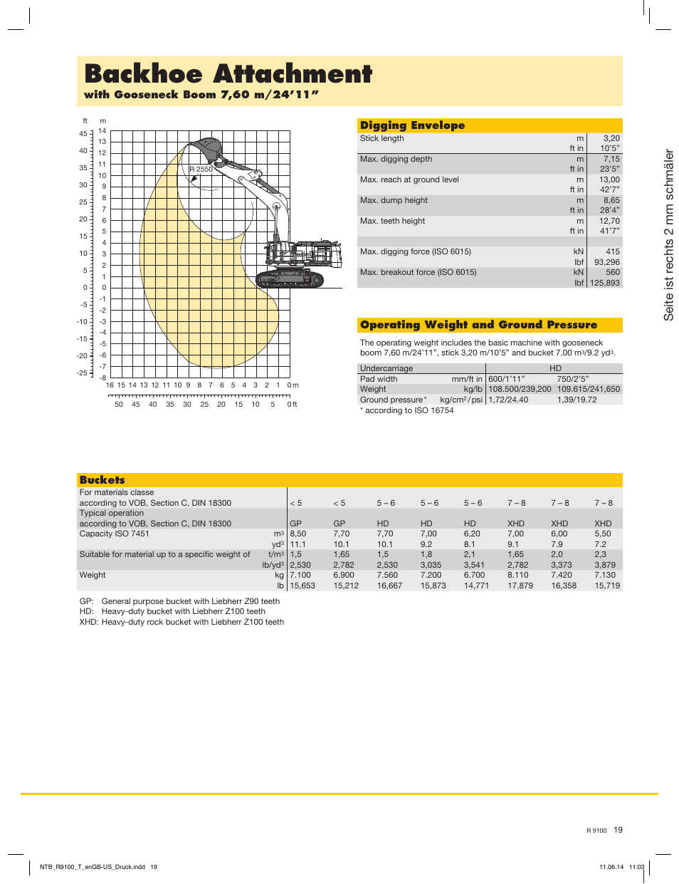 Backhoe attachment, Seite ist rechts 2 mm schmäler, Digging envelope | Operating weight and ground pressure, Buckets | Liebherr R 9100 User Manual | Page 19 / 22