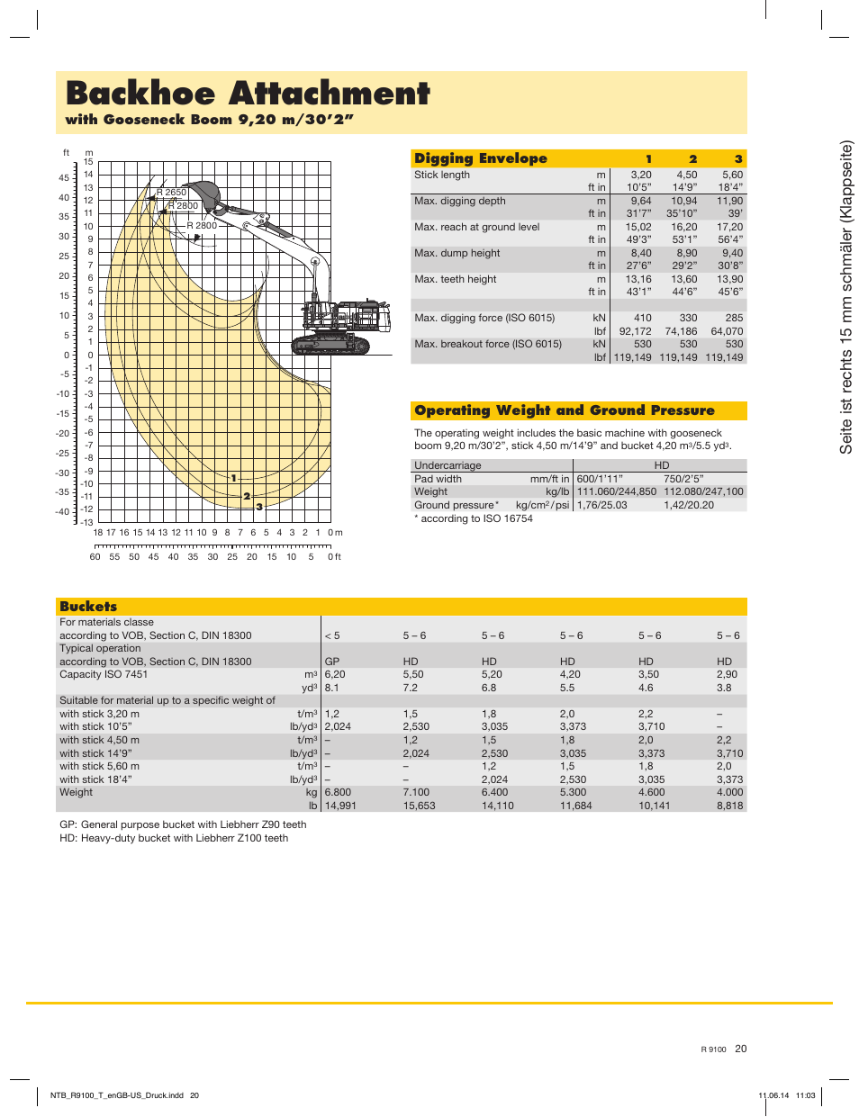 Backhoe attachment, Seite ist rechts 15 mm schmäler (klappseite), Digging envelope | Operating weight and ground pressure, Buckets | Liebherr R 9100 User Manual | Page 20 / 22
