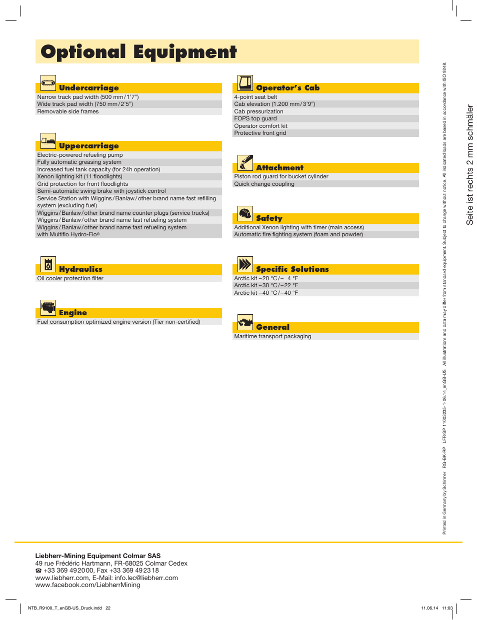 Optional equipment, Seite ist rechts 2 mm schmäler | Liebherr R 9100 User Manual | Page 22 / 22