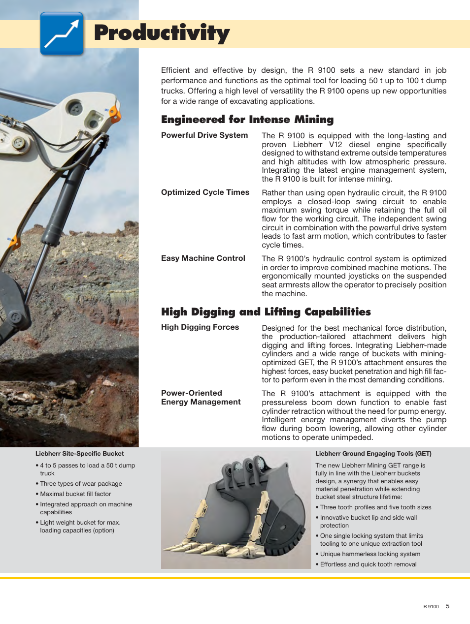 Productivity, Engineered for intense mining, High digging and lifting capabilities | Liebherr R 9100 User Manual | Page 5 / 22