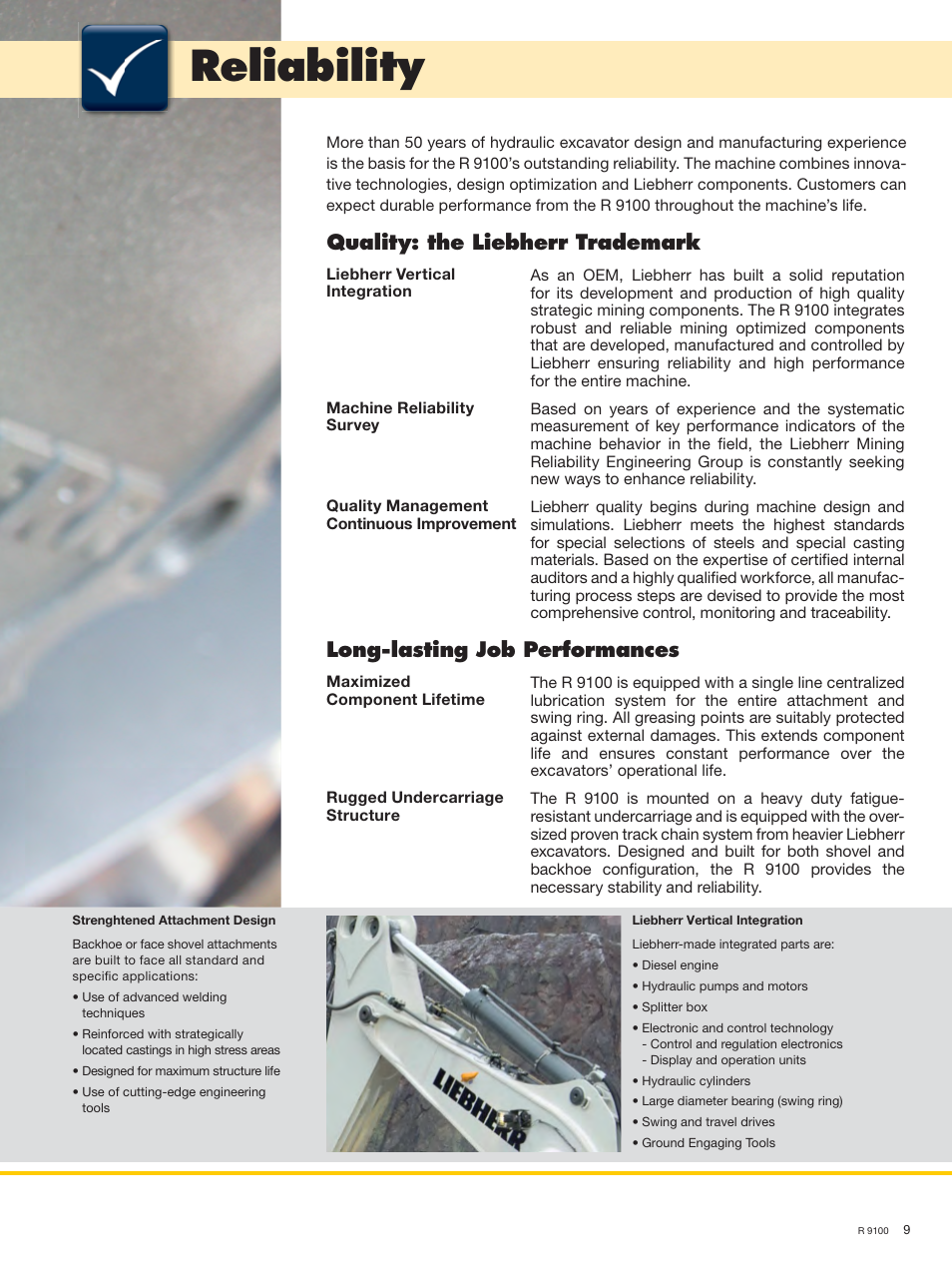 Reliability, Quality: the liebherr trademark, Long-lasting job performances | Liebherr R 9100 User Manual | Page 9 / 22