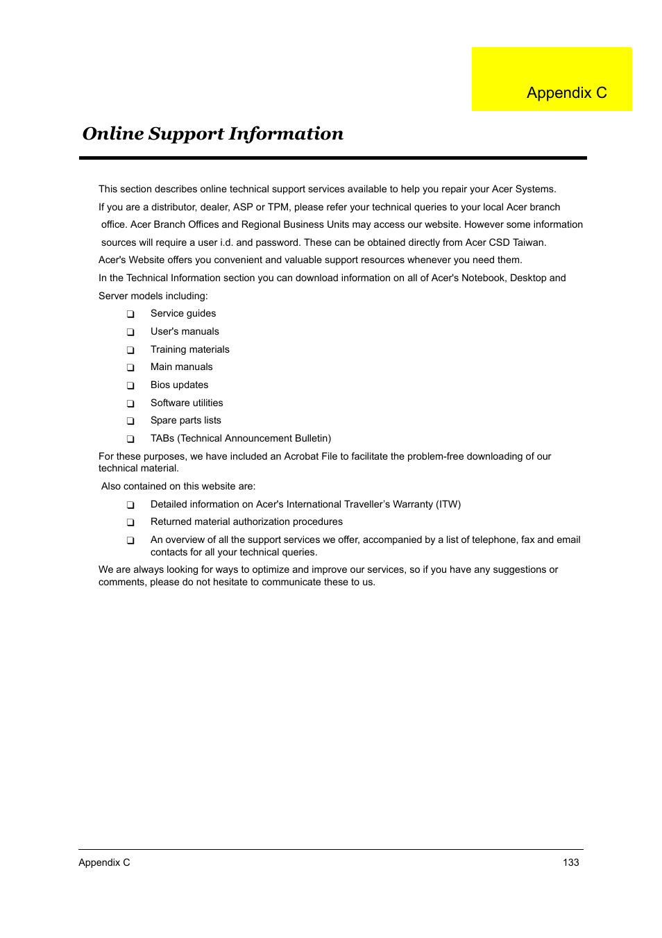 Appc online support information, Appendix c online support, Online support information | Appendix c | Acer 2700 User Manual | Page 139 / 140