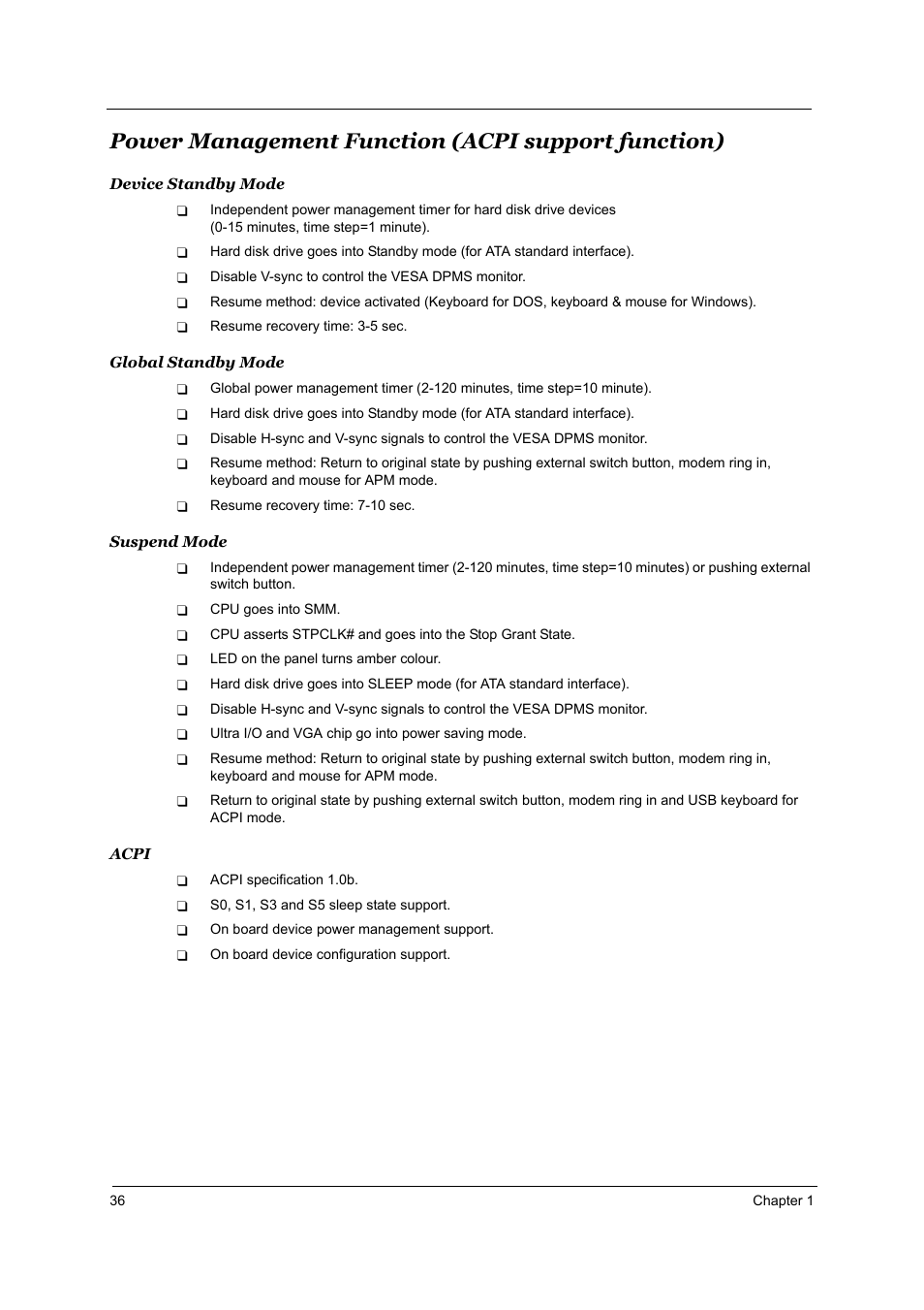 Power management function (acpi support function) | Acer 2700 User Manual | Page 42 / 140