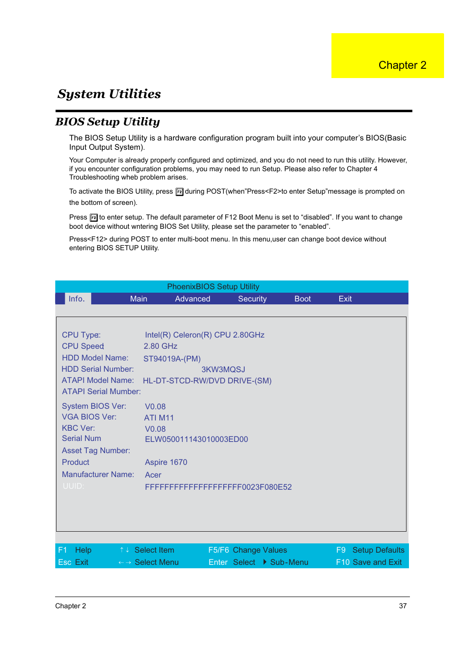 Ch2 system utilities, Bios setup utility, Chapter 2 system utilities | System utilities, Chapter 2 | Acer 2700 User Manual | Page 43 / 140