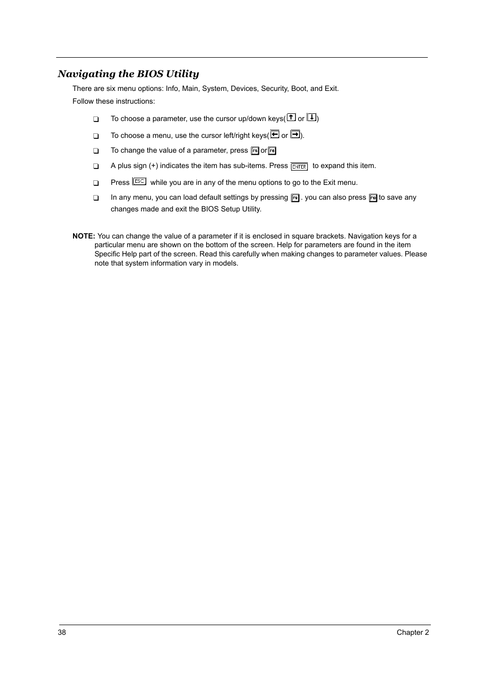 Navigating the bios utility | Acer 2700 User Manual | Page 44 / 140