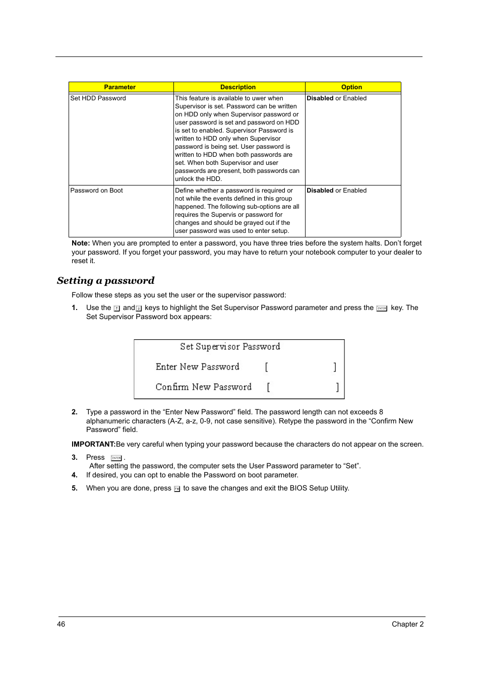 Setting a password | Acer 2700 User Manual | Page 52 / 140