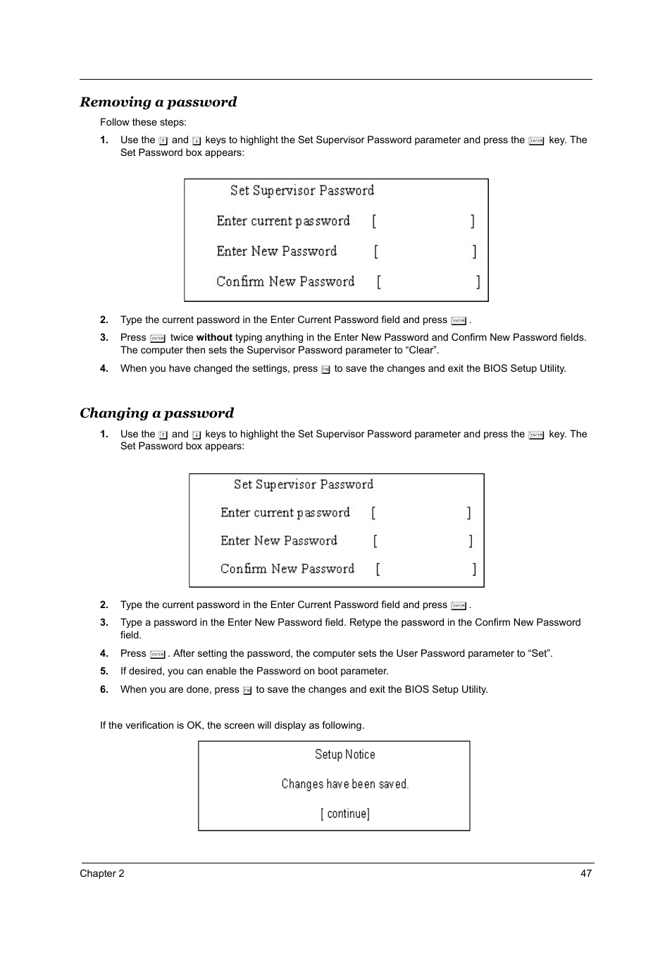 Removing a password, Changing a password | Acer 2700 User Manual | Page 53 / 140