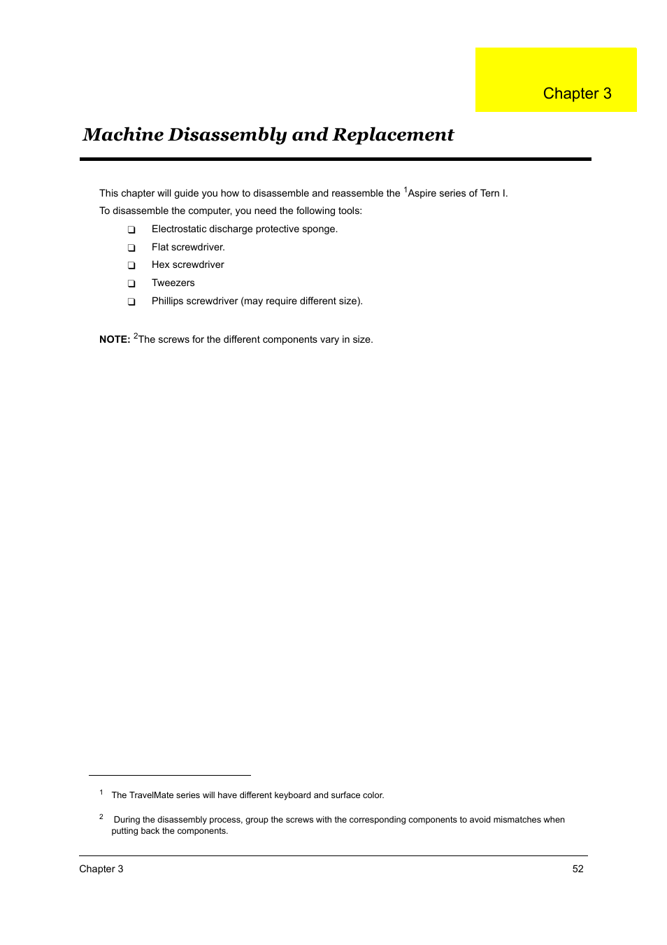 Ch3 machine disassembly and replacement, Chapter 3 machine disassembly and replacement, Machine disassembly and replacement | Chapter 3 | Acer 2700 User Manual | Page 58 / 140