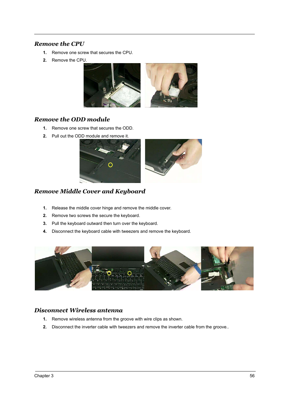 Remove the cpu, Remove the odd module, Remove middle cover and keyboard | Disconnect wireless antenna | Acer 2700 User Manual | Page 62 / 140