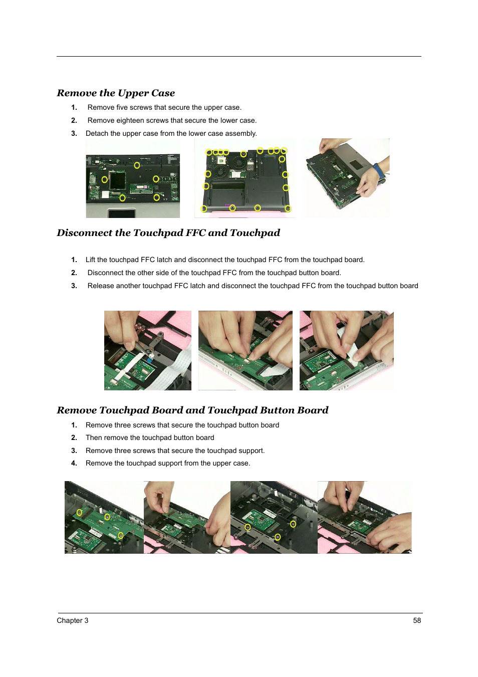 Remove the upper case, Disconnect the touchpad ffc and touchpad, Remove touchpad board and touchpad button board | Acer 2700 User Manual | Page 64 / 140