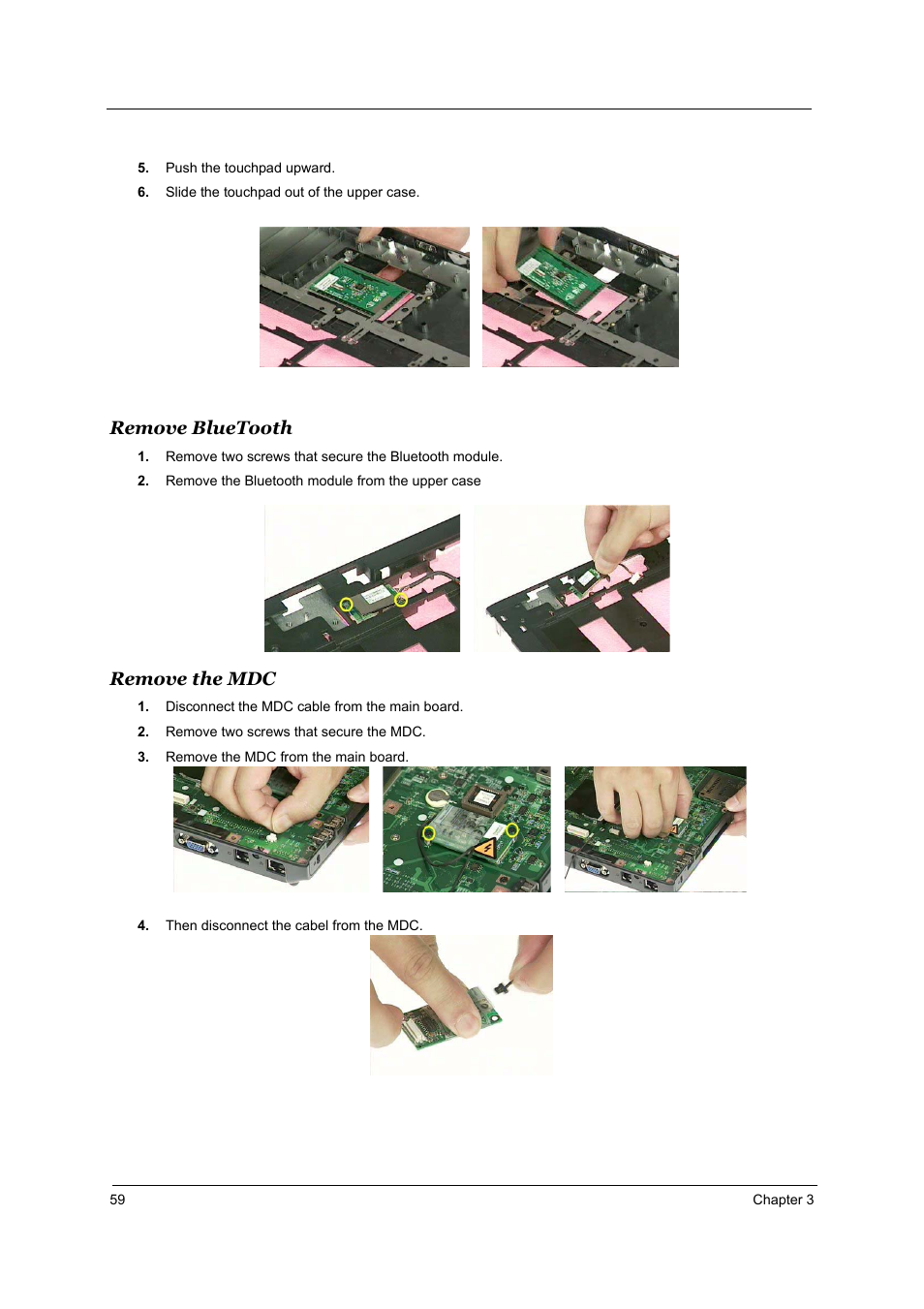 Remove bluetooth, Remove the mdc | Acer 2700 User Manual | Page 65 / 140