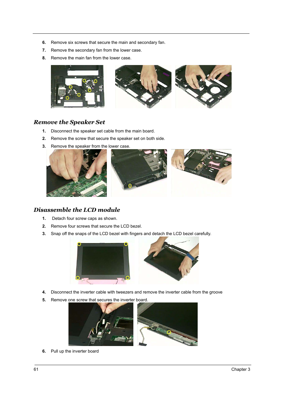 Remove the speaker set, Disassemble the lcd module | Acer 2700 User Manual | Page 67 / 140