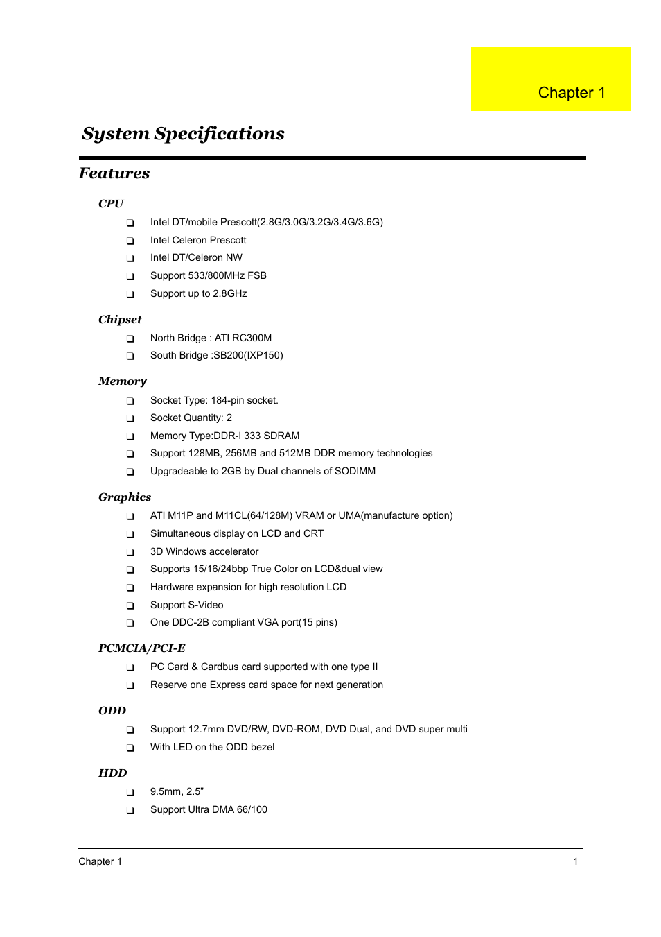 Ch1 system specifications, Features, Chapter 1 system specification | System specifications, Chapter 1 | Acer 2700 User Manual | Page 7 / 140