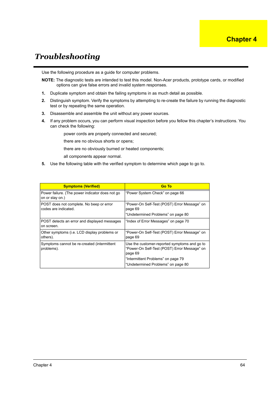 Ch4 troubleshooting, Chapter 4 troubleshooting, Troubleshooting | Chapter 4 | Acer 2700 User Manual | Page 70 / 140