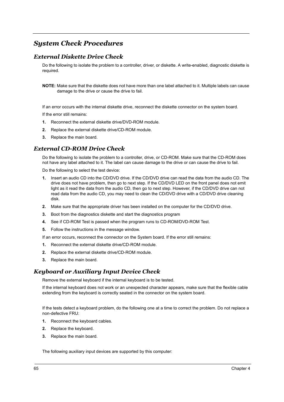 System check procedures, External diskette drive check, External cd-rom drive check | Keyboard or auxiliary input device check | Acer 2700 User Manual | Page 71 / 140